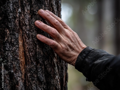 A close-up of a hand reaching out to touch the bark of an old-growth tree, symbolizing the connection between humans and nature.