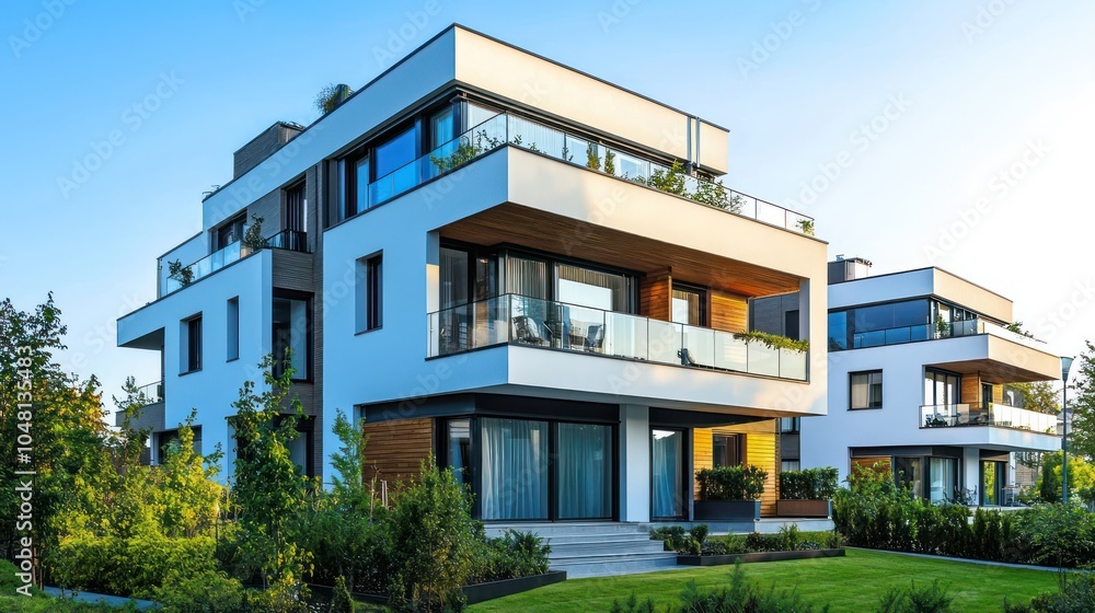 Fototapeta premium Clear morning sky backdrop for a stylish new bungalow with three stories and modern design.