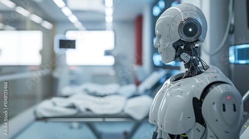 Futuristic Medical Robot in a Sterile Hospital Room