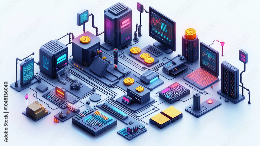 Isometric illustration of computer components connected by lines. Isometric illustration of computer components connected by lines.
