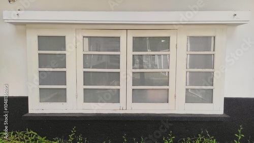 A white-framed window with six glass panes stands out against a black, textured wall base. Reflecting the outdoors, the window is bordered by greenery, adding contrast to the scene.