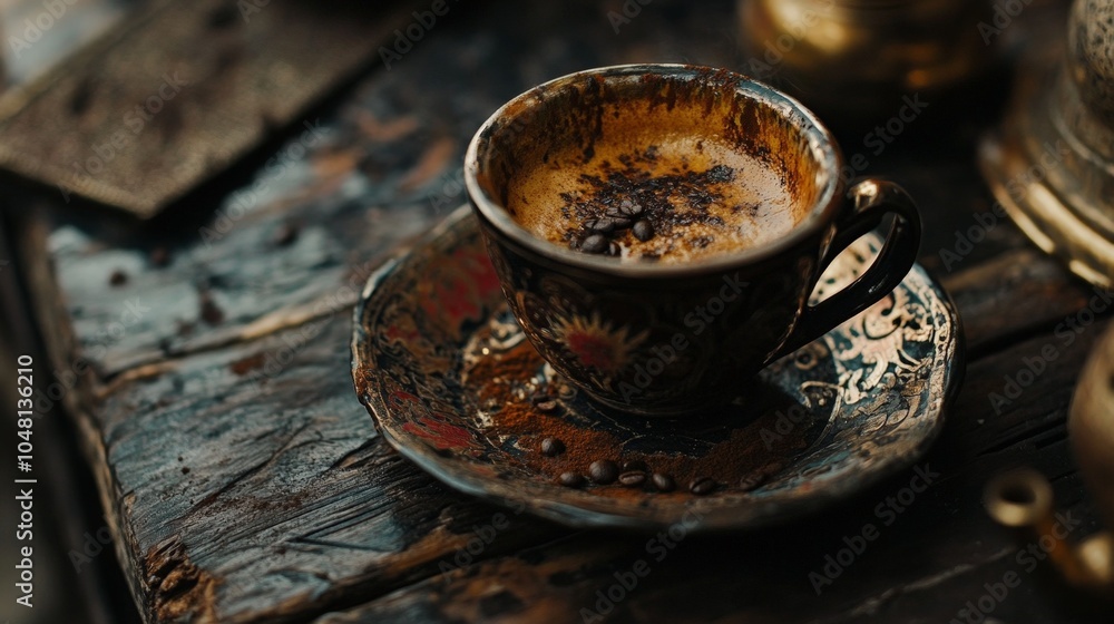 A close-up of a Turkish coffee cup, with a fortune teller reading the coffee grounds as part of a traditional custom after drinking. A close-up of a Turkish coffee cup, with a fortune teller reading the coffee grounds as part of a traditional custom after drinking.
