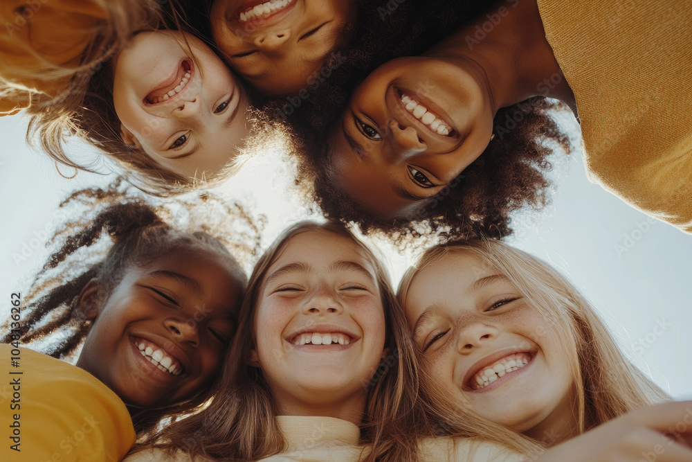 Close-up portrait of happy, multiethnic children hugging each other and smiling at the camera in a circle, against a white background Close-up portrait of happy, multiethnic children hugging each other and smiling at the camera in a circle, against a white background