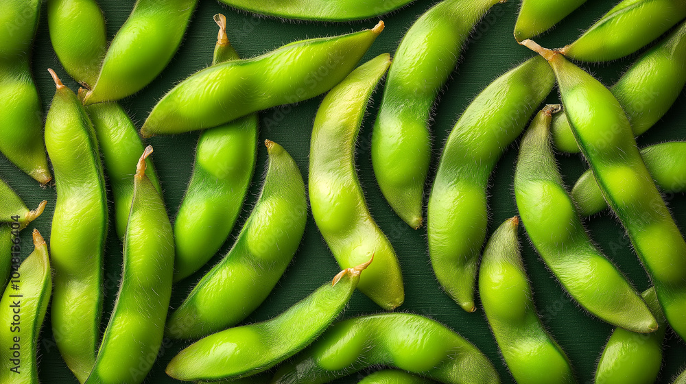 Fresh Green Edamame Pods on Black Background, Japanese Food, Vegan Snack, Healthy Eating Fresh Green Edamame Pods on Black Background, Japanese Food, Vegan Snack, Healthy Eating