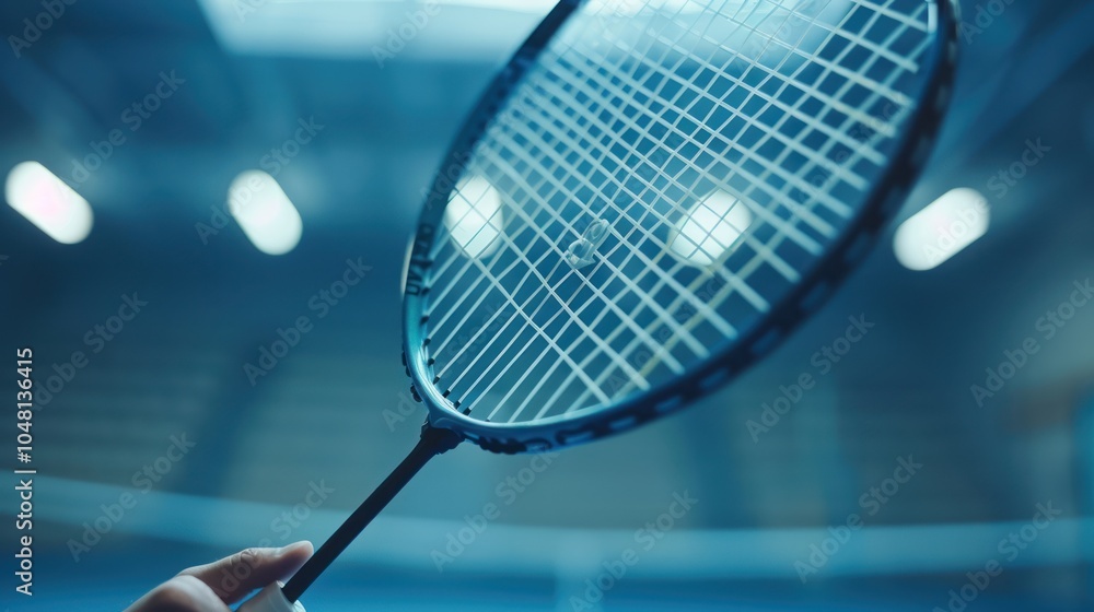 Close-up of a Badminton Racket Held by a Player in a Blue Indoor Court Close-up of a Badminton Racket Held by a Player in a Blue Indoor Court