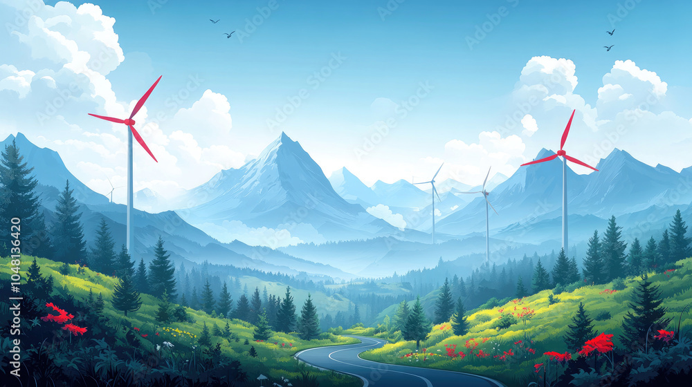 Wind turbines on the grassland, illustration Wind turbines on the grassland, illustration