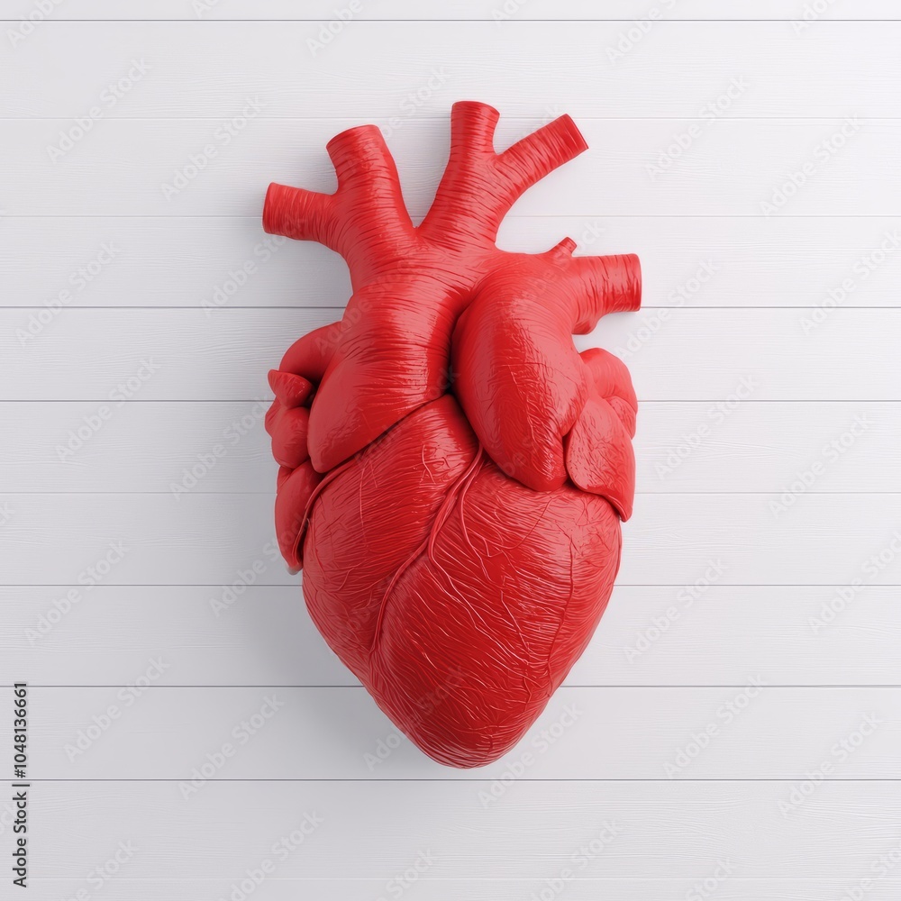 A realistic depiction of a human heart in vibrant red color. A realistic depiction of a human heart in vibrant red color.