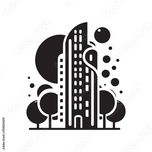 Organic Shape Building Silhouette Icon - Vector Eco Home Logo with Leaves, Perfect for Green Real Estate