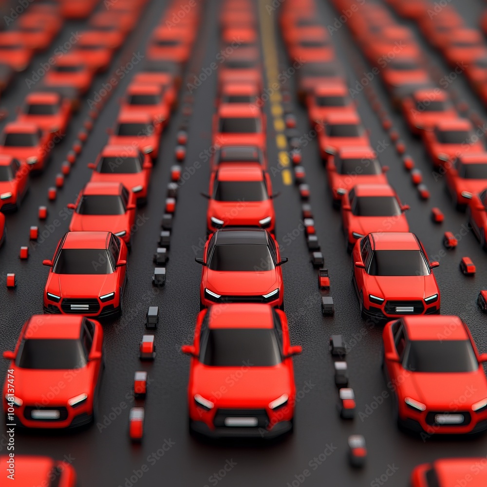 Obraz premium A dense arrangement of red cars on a road, depicting traffic congestion.