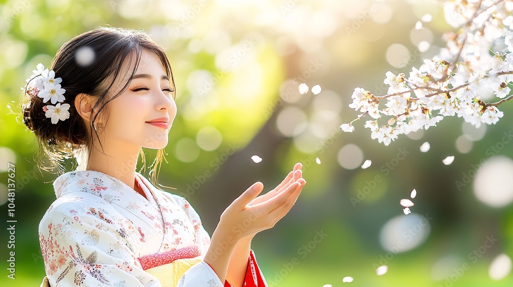 Japanese woman in traditional kimono enjoying cherry blossom petals. Japanese woman in traditional kimono enjoying cherry blossom petals.