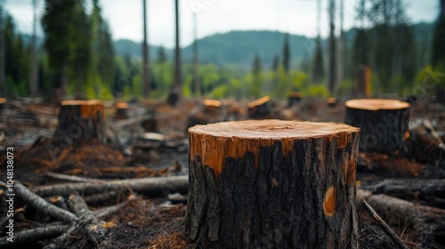 A close-up of tree stumps in a once-thriving forest, now reduced to a desolate, empty space due to logging.