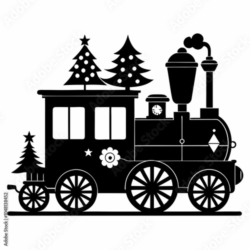Christmas Victorian vintage steam engine train Black silhouette