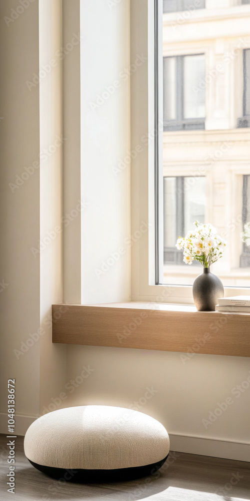 Cozy interior corner featuring a round seating cushion and a small vase of flowers by a large window Cozy interior corner featuring a round seating cushion and a small vase of flowers by a large window