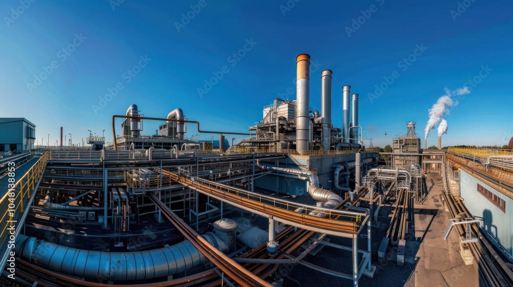 Fototapeta premium Industrial Complex, Pipes, and Smokestacks