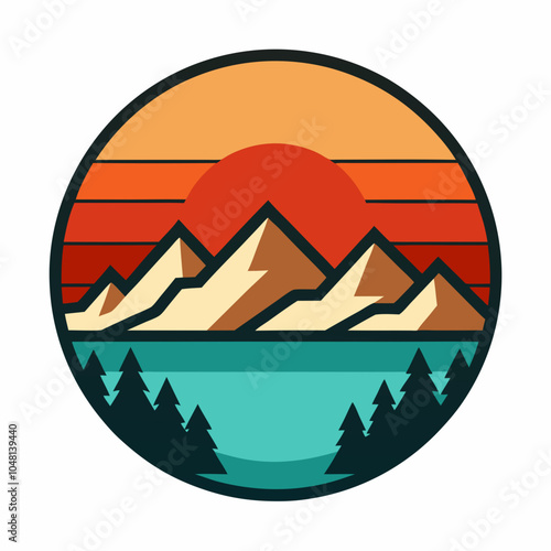 Wallpaper Mural retro style mountain landscape with sunset and lake illustration Torontodigital.ca