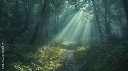 Dense forest with a narrow trail, sunbeams filtering through the trees, creating a magical atmosphere photo