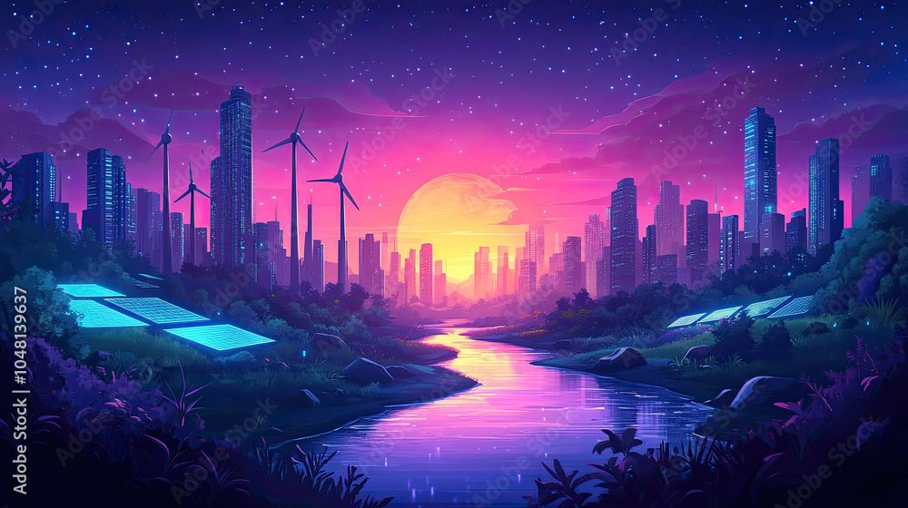 Science fiction city, rising sun, wind turbines Science fiction city, rising sun, wind turbines