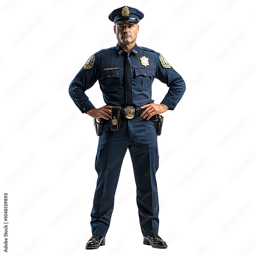 Confident police officer in uniform standing strong, representing law enforcement and community safety. Confident police officer in uniform standing strong, representing law enforcement and community safety.