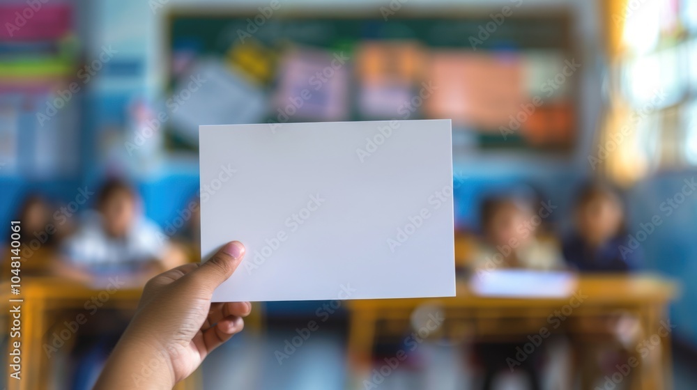 A Hand Holding a Blank White Paper in a Blurred Classroom Setting A Hand Holding a Blank White Paper in a Blurred Classroom Setting