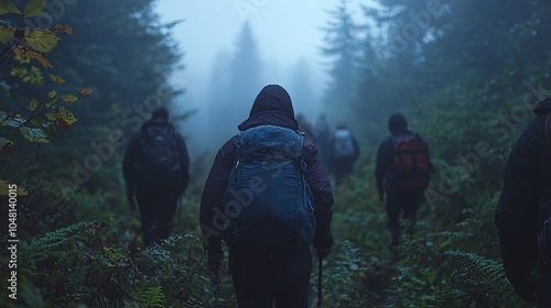 Group hiking through fog-filled forest path early morning calmness high detail ultra hd clean sharp focus