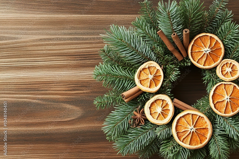 Festive wreath with citrus slices and cinnamon on wood. Festive wreath with citrus slices and cinnamon on wood.