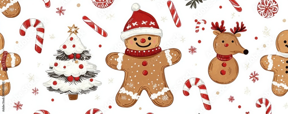 Obraz premium Festive seamless pattern featuring cheerful gingerbread characters, reindeer, and candy canes alongside