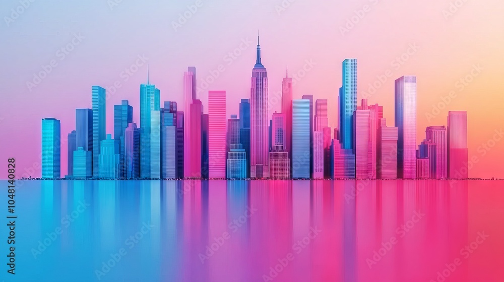 Futuristic City Skyline with Gradient Colors and Reflection Futuristic City Skyline with Gradient Colors and Reflection