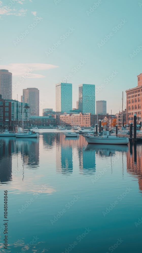 Fototapeta premium Serene City Waterfront View with Calm Waters