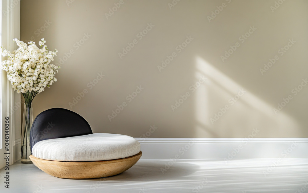 Minimalist interior showcasing a unique curved chair and floral arrangement in soft daylight Minimalist interior showcasing a unique curved chair and floral arrangement in soft daylight