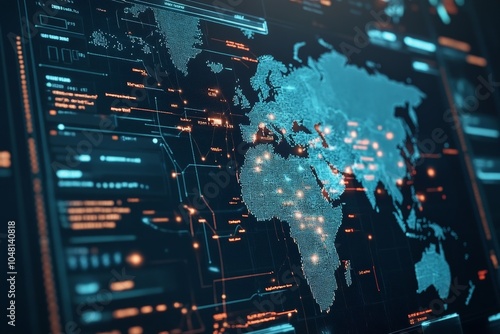 A cyber threat intelligence dashboard, showing real-time data on global cyber attacks and emerging threats.