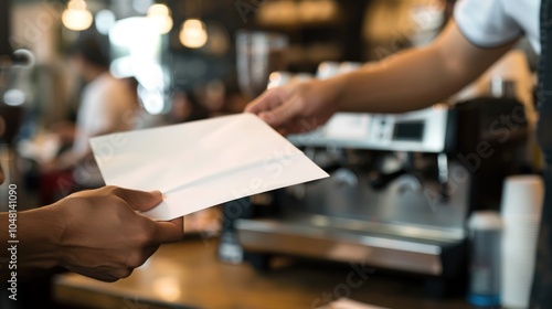 Hand Reaching for a Blank White Paper in a Coffee Shop