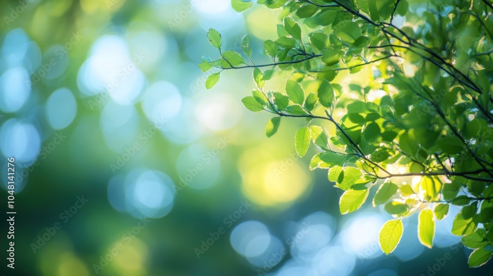 Obraz premium Green tree with sky bokeh effects. Serene and dreamy background atmosphere. Soft-focus nature backdrop.