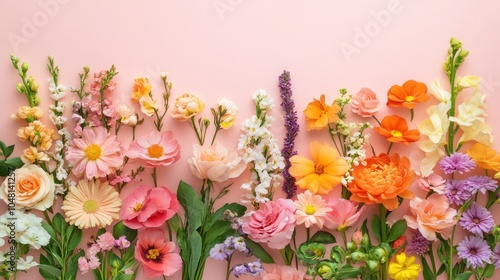 Vibrant composition of fresh, colorful flowers against a light pastel background, perfect for festive flower concepts and greeting cards. Bright floral arrangement.