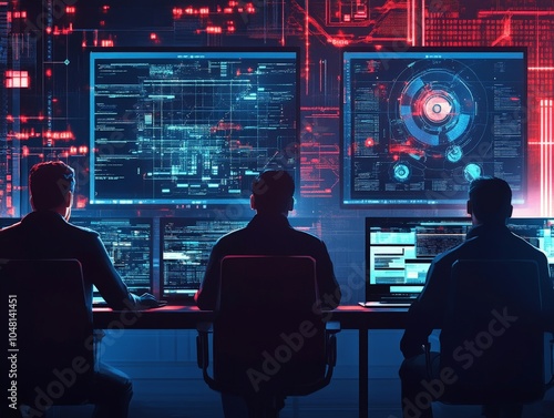 A cybersecurity team analyzing a complex attack vector, trying to determine the entry point of a sophisticated malware attack. photo