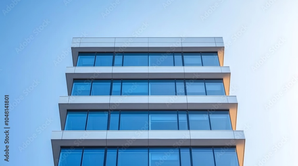 Modern Office Building Facade with Blue Windows and Clear Sky Modern Office Building Facade with Blue Windows and Clear Sky