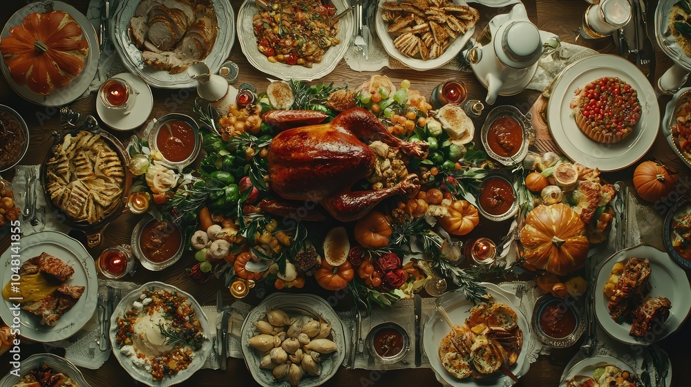 Stunning Overhead Shot of Thanksgiving Feast Spread Stunning Overhead Shot of Thanksgiving Feast Spread