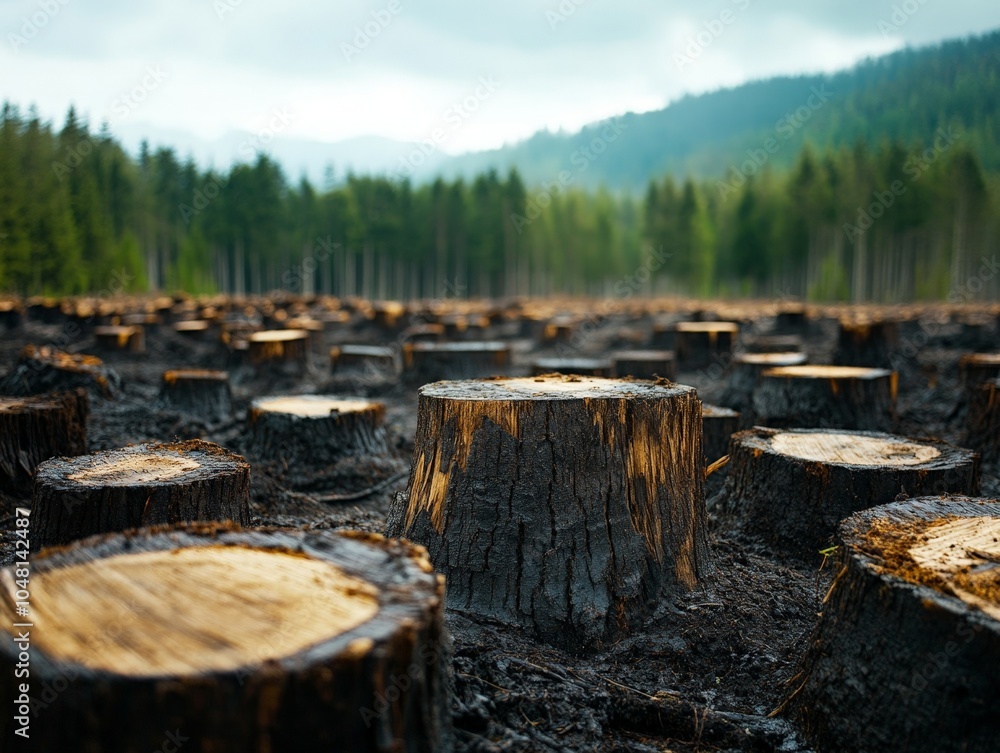 A deforested area with rows of tree stumps stretching to the horizon, symbolizing the industrial scale of logging operations. A deforested area with rows of tree stumps stretching to the horizon, symbolizing the industrial scale of logging operations.