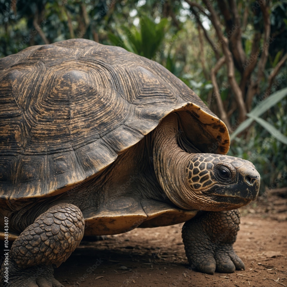 A giant tortoise with intricate patterns on its shell.
A giant tortoise with intricate patterns on its shell.