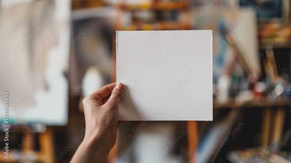 Hand Holding Blank White Canvas in Art Studio Hand Holding Blank White Canvas in Art Studio
