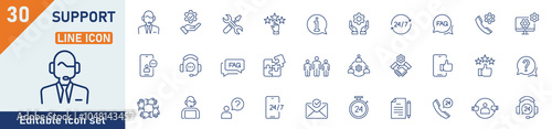 Support line icon set. Set of 30 outline icons related to technical, support, help, information, response, assist, communication, faq and others. Editable stroke. Vector illustration.