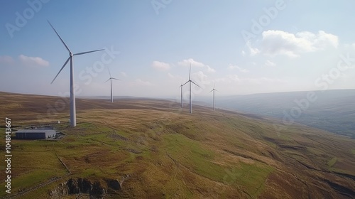 Wind turbines on a hillside with a valley in the background