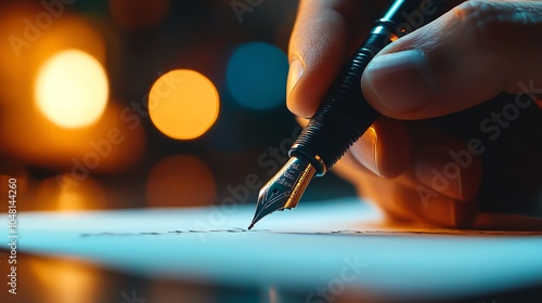 Hand holding fountain pen writing on white paper with blurred lights background.