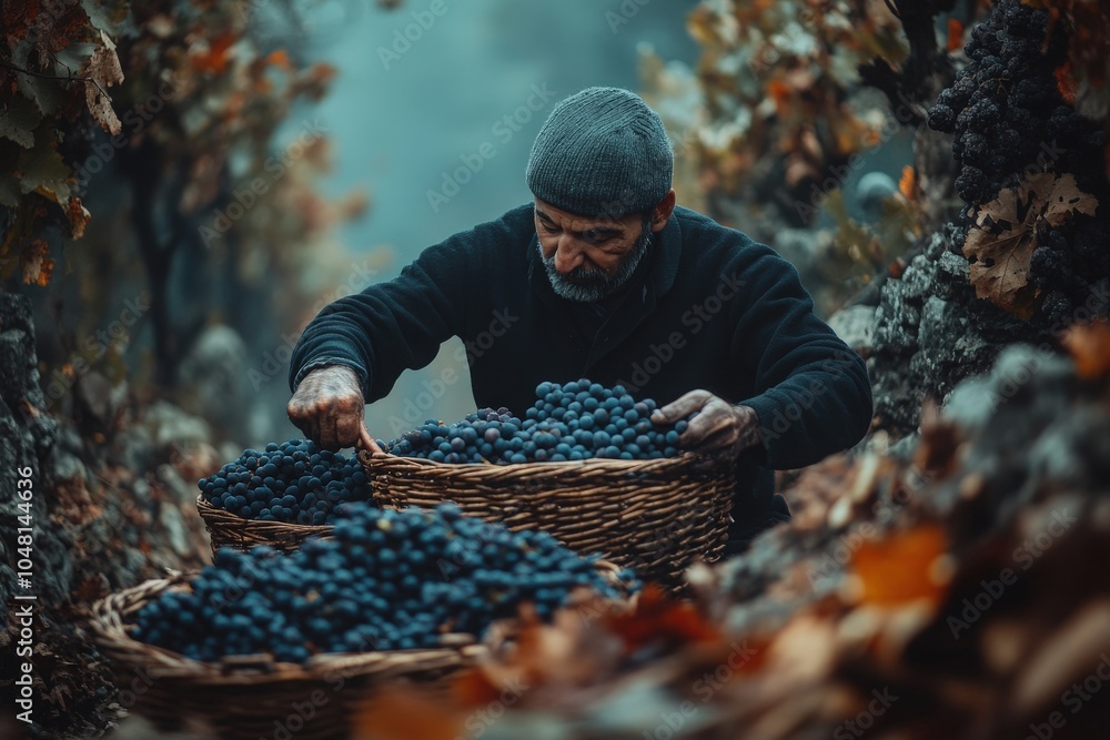 A man packing baskets of grapes after picking them in his vineyard A man packing baskets of grapes after picking them in his vineyard