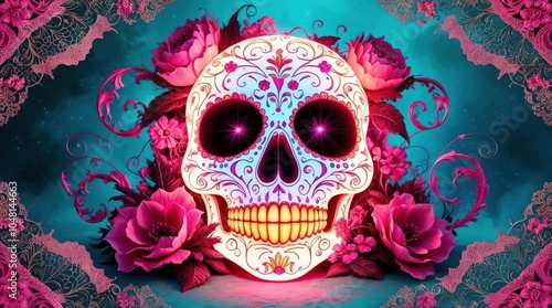 Fluorescent sugar skull with vivid, glowing designs, surrounded by floating marigolds.