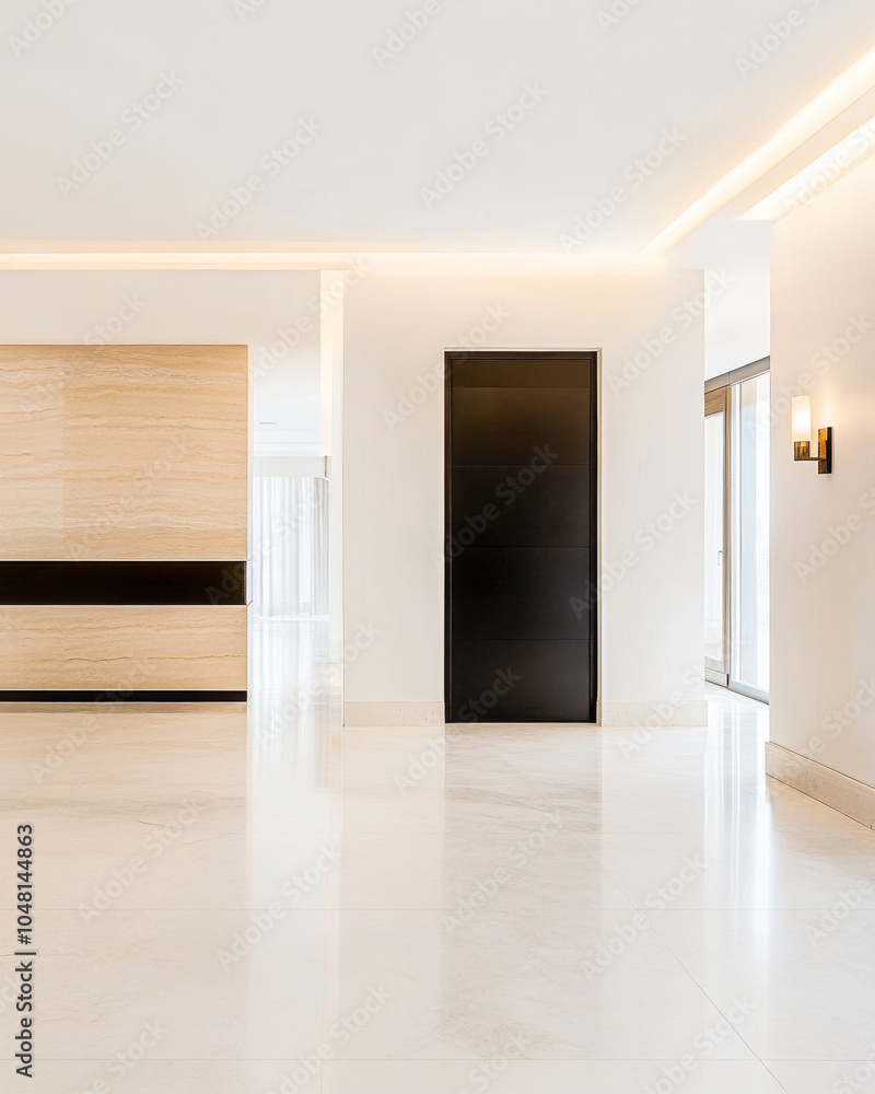 Modern interior design of a spacious room with minimalist decor and large windows in daylight Modern interior design of a spacious room with minimalist decor and large windows in daylight