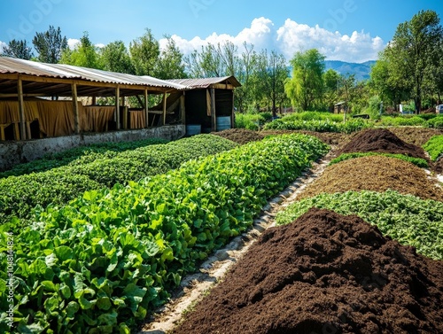 A farm using natural compost heaps to recycle nutrients back into the soil, promoting a circular, regenerative farming system. photo