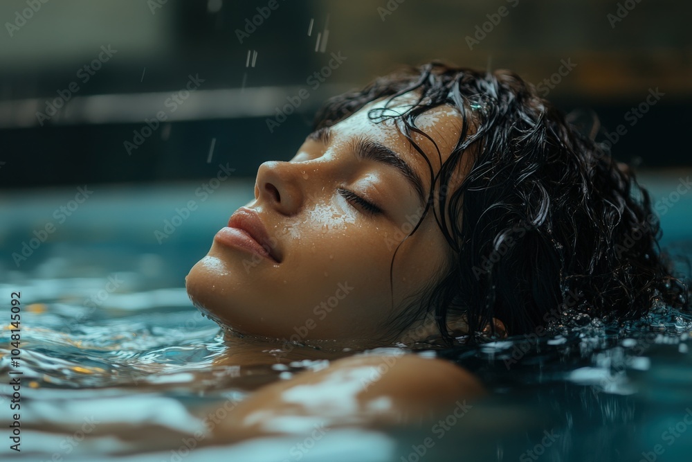 Obraz premium Carefree woman with wet hair relaxing in the pool with her eyes closed