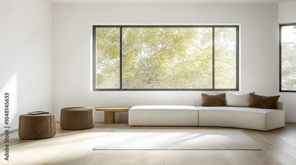 Fototapeta premium Modern minimalist living room with large windows and natural light