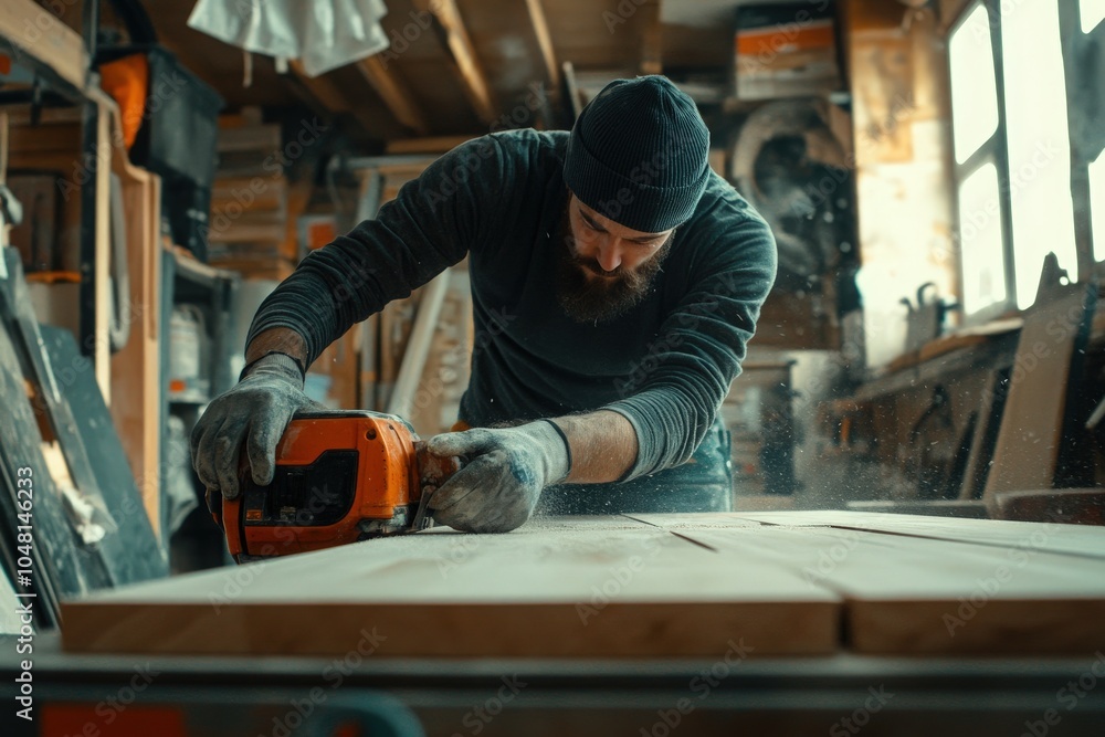 Manual worker cutting plank with electric saw while working on home renovation Manual worker cutting plank with electric saw while working on home renovation