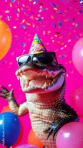 Party animal! Colorful photo of funny, happy gator  on pink / fuchsia background. Ballons, confetti, happy mood. Birthday celebration vertical banner, instagram story, reel or tiktok